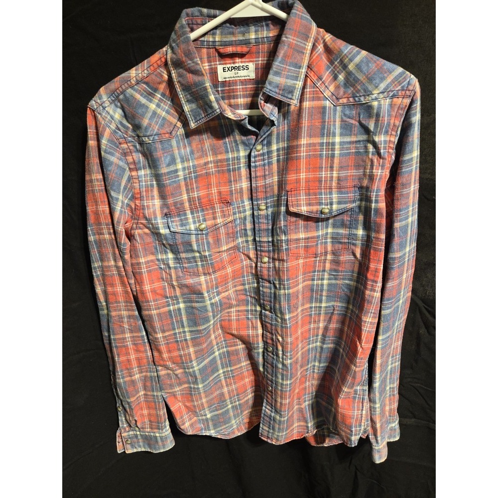 Express Womens Light Flannel Shirt S RedBlueYellow Plaid  Pearl Button Long Slv